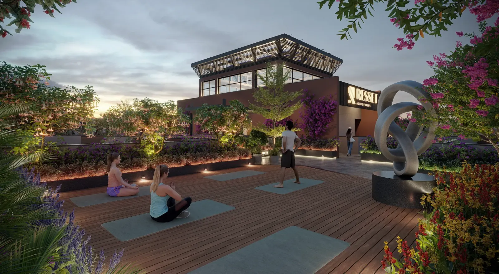 Sky yoga deck surrounded by landscaped serenity.